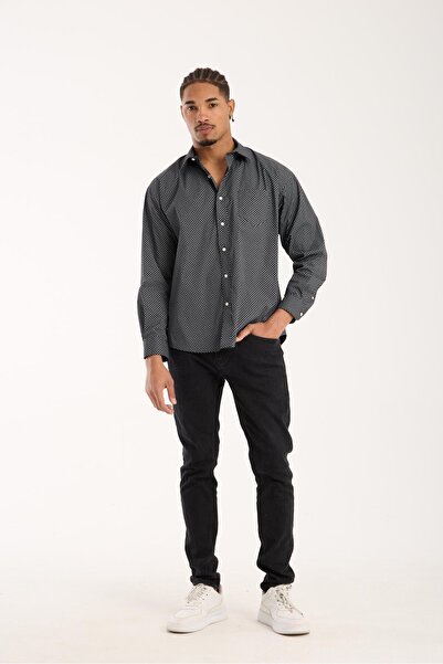 Abbate Ανδρικό πουκάμισο BB Club Rio Poplin Stretch Cotton Blended oversized Fit Μαύρο Κλασικό Πέτο με τύπωμα