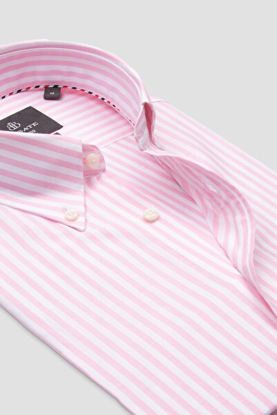 Abbate Ανδρικό ριγέ πουκάμισο Luca Oxford Cotton Comfort Fit με ροζ γιακά με κουμπιά