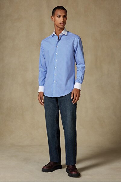 Abbate Grant Non Iron Twill Cotton Slim Fit Dark Blue Classic Collar Men's Striped Shirt