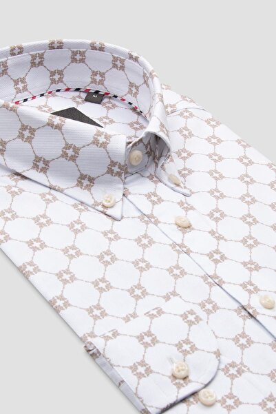 Abbate Luca Dobby Cotton Comfort Fit Beige Button down Collar Men's Printed Shirt