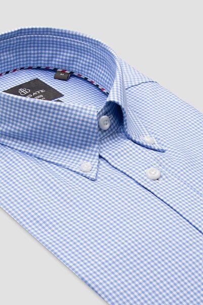 Abbate Luca Poplin Бавовняна Comfort Fit Світло-синя сорочка з ґудзиками на комірі Чоловіча картата сорочка