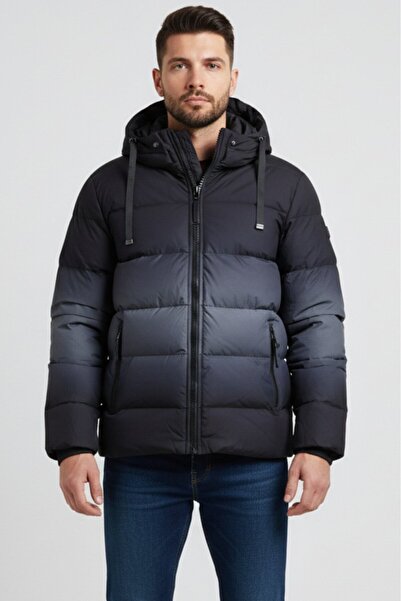 embody Men's Winter Puffer Jacket in Degrade Black-Grey with Hood 8435-2