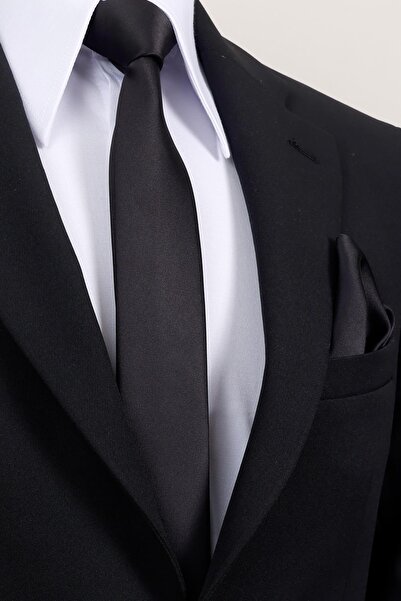 Esgue 6 cm Slim Thin Black Satin Handkerchief Tie – Premium Slim Tie with Special Gift Box