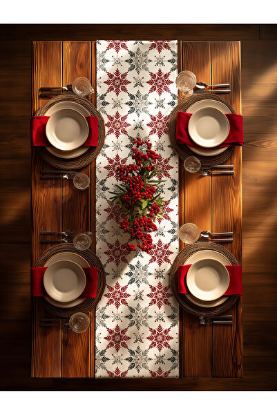 Medi Home Yılbaşı Kırmızı Gri Kar Tanesi Deseni Runner