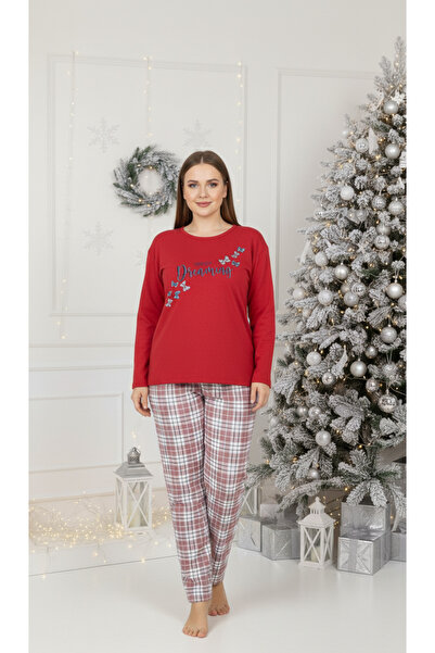 embody Pijamale pentru femei din bumbac udat, bluză și pantaloni lungi, roșu,...