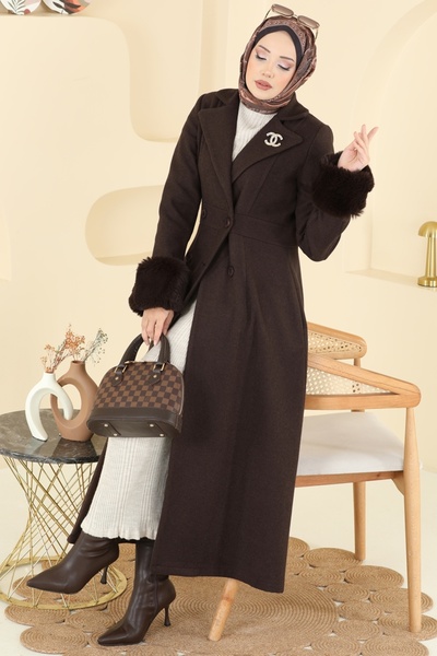 ModaMerve Manşeti Kürk Detaylı Kaban 8130AB368-MS Kahve