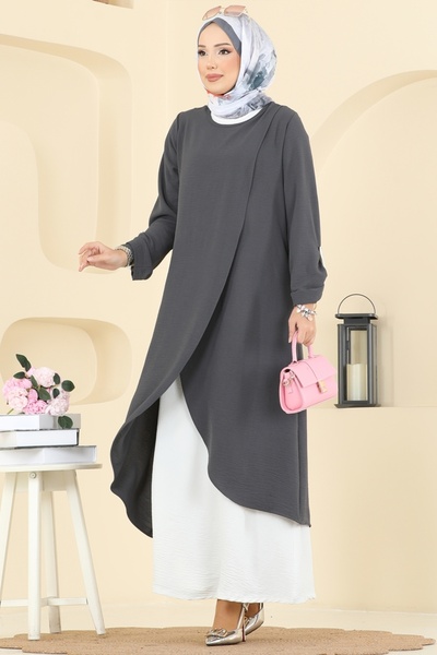 ModaMerve Tuniği Yırtmaçlı Elbiseli Takım 2742SL432-MS Antrasit&Ekru