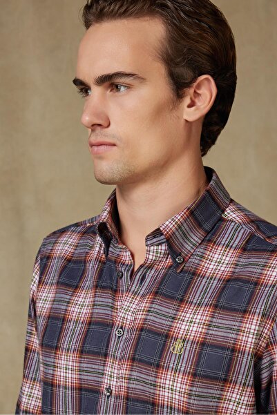 Abbate Luca Фланель з бавовняною сумішшю Comfort Fit Сірий чоловічий сорочка в клітинку з ґудзиковим коміром