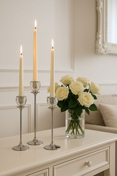 Arma House Gümüş Renkli 3'lü Kristal Cam Mumluk Seti & Gümüş Dekoratif Şamdan Takımı