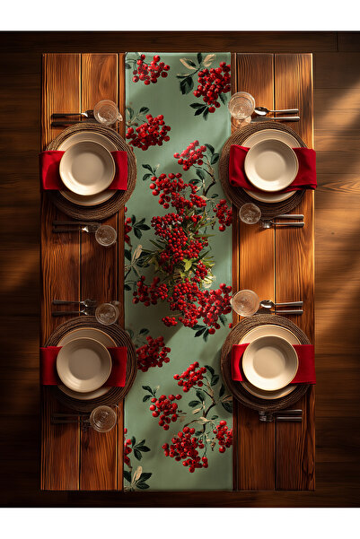 Medi Home Yılbaşı Ruby Cluster Kırmızı Berry Desenli Runner – Mint Yeşili