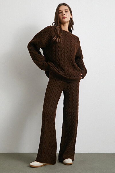 Never more Patterned Fleece-Lined Knitwear Set Brown