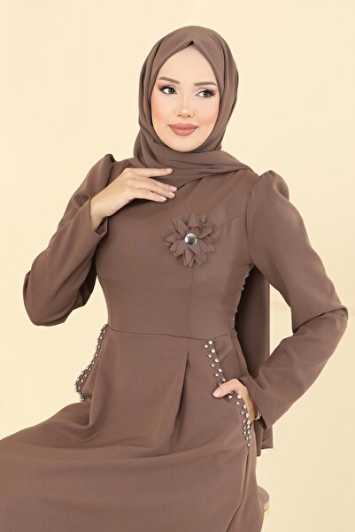 ModaMerve Taş Detay Çiçek Aksesuarlı Elbise 2741SL432-MS Koyu Vizyon