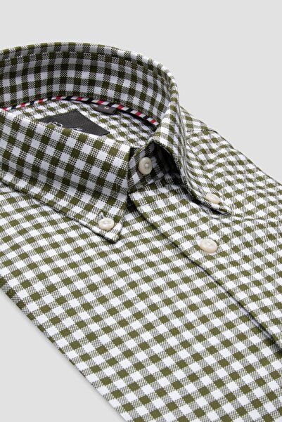 Abbate Luca Twill Бавовняна сорочка Comfort Fit зеленого кольору з ґудзиками на комірі для чоловіків у клітинку