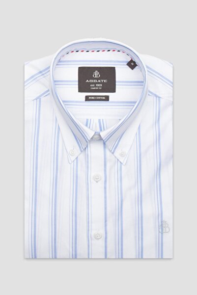 Abbate Luca Poplin Бавовняна Comfort Fit Світло-синя сорочка з ґудзиками на комірі Чоловіча сорочка в смужку