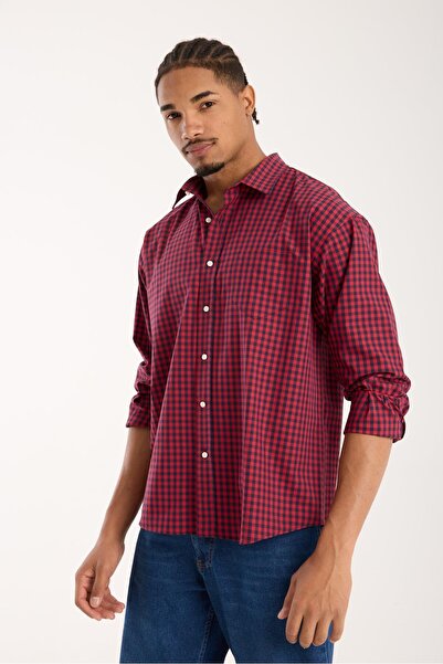 Abbate قميص رجالي من BB Club Rio Twill مصنوع من مزيج القطن مقاس قصة فضفاضة باللون الأحمر ذو ياقة كلاسيكية