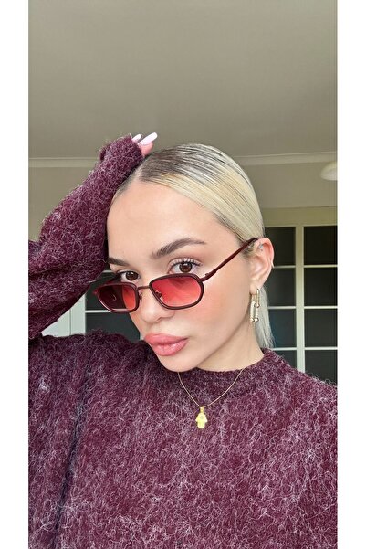 TomyHelf Kırmızı Camlı Güneş Gözlüğü Kadın UV400 Korumalı Metal Çerçeve Retro Minimal Trend Model