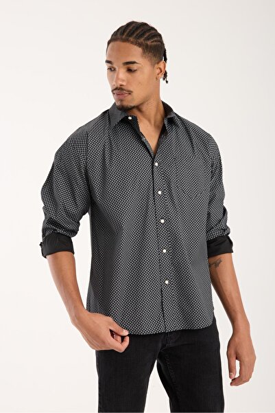 Abbate BB Club Rio Поплін Стретч Бавовняна суміш Оверсайз-крій Чорний Класичний комір Чоловіча сорочка з принтом