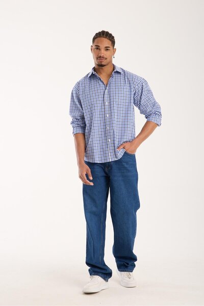 Abbate BB Club Rio Поплін Бавовняна Oversize Fit Темно-синя Класичний комір Чоловіча картата сорочка