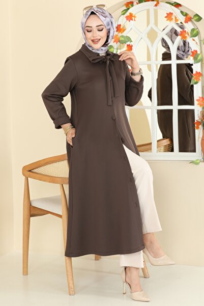 ModaMerve Yakası Bağcıklı Scuba Kap 5620EDF311-MS Kahve