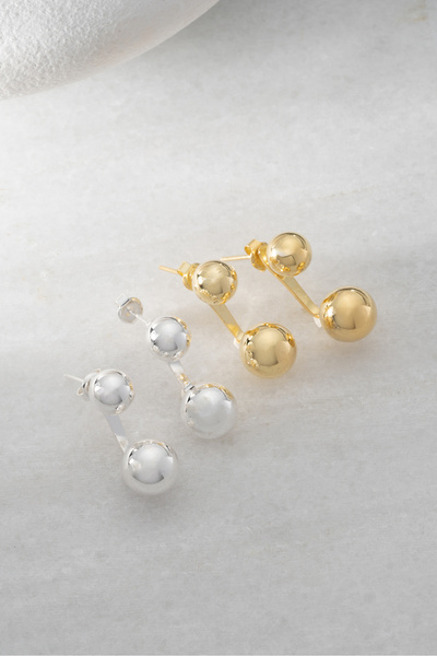 Two Arts Kadın 925 Ayar Gümüş Çift Top Küpe | 14K Altın Kaplama | Hediye Kutusunda