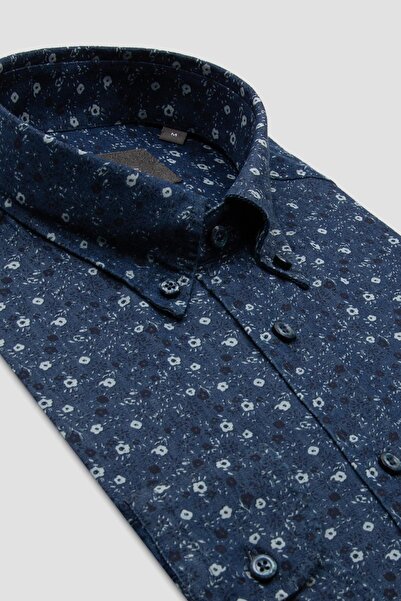 Abbate Ανδρικό πουκάμισο με σχέδιο Natte Denim Cotton Comfort Fit Navy Blue με κουμπιά με γιακά