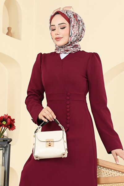 ModaMerve V Yaka Aksesuar Düğmeli Elbise 2754SL432-MS Bordo