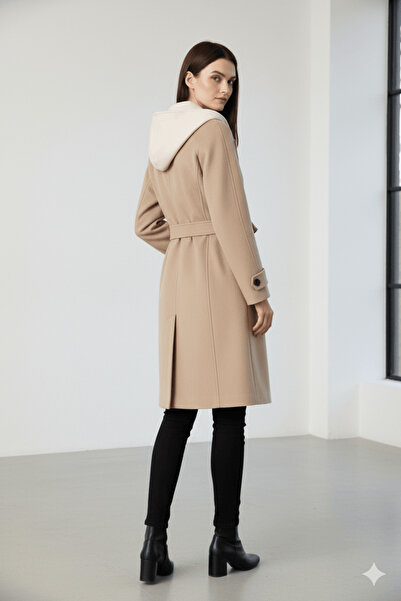 cemo Women's Hooded Belted Buttoned Coat