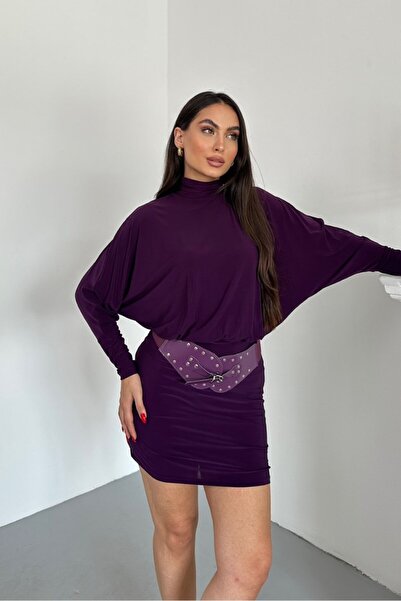spirituel Rochie de damă mini elegantă, cu centură, cu jumătate de gât roșu, cu mâneci lungi de liliac, rochie drapată Sandy