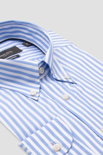 Abbate قميص كارلو تويل القطني قصة ضيقة ذو ياقة بأزرار باللون الأزرق الفاتح لل...