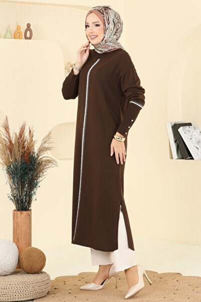 ModaMerve Manşeti Aksesuar Düğmeli Tunik 0021KLB1050-MS Kahve