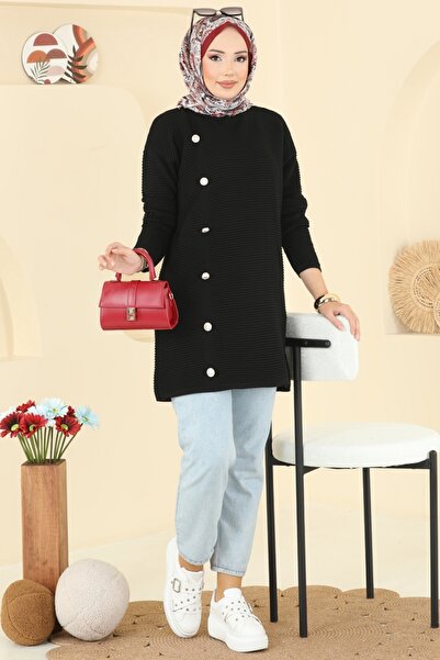 ModaMerve Aksesuar Düğmeli Triko Tunik 2735AYD574-MS Siyah