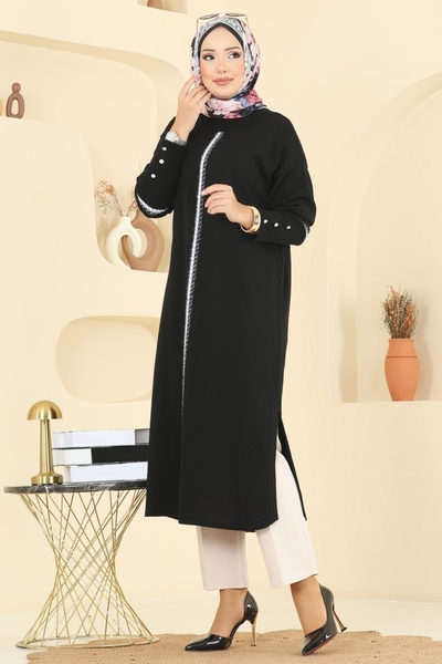 ModaMerve Manşeti Aksesuar Düğmeli Tunik 0021KLB1050-MS Siyah