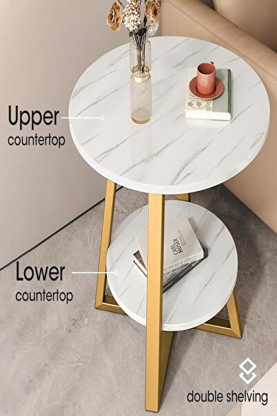 Twinkle Mart 2-Layer Round Coffee Table, Double-deck Wood-Look Accent Table (BLACK)