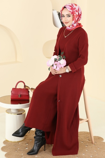 ModaMerve Önden Düğmeli Elbiseli Triko Takım 3080KLB1050-MS Bordo