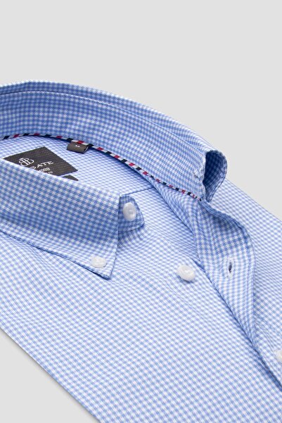 Abbate Лука Поплин Памук Комфортна кройка Светлосиня Риза с копчета и яка Мъжка карирана риза