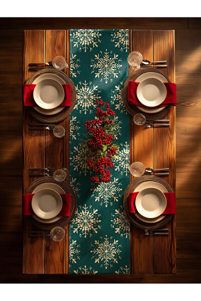 Medi Home Yılbaşı Frost Charm Kar Tanesi Desenli Noel Runner – Petrol Yeşili