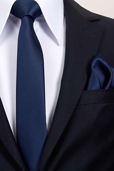 Esgue 6 cm Slim Thin Navy Blue Satin Handkerchief Tie – Premium Slim Tie with Special Gift Box