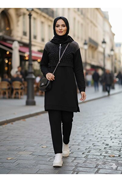 KMKkombin Women's New Season Stone-Embellished Top-To-Bottom Tunic Set