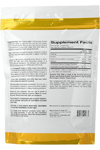 California Gold Nutrition CollagenUP, Hydrolyzed Marine Collagen Peptides with Hyaluronic Acid & Vit