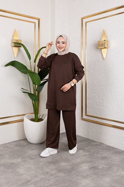 Sfg Life Moda Women's Crew Neck Plain Combed Cotton Double Bottom Top Set