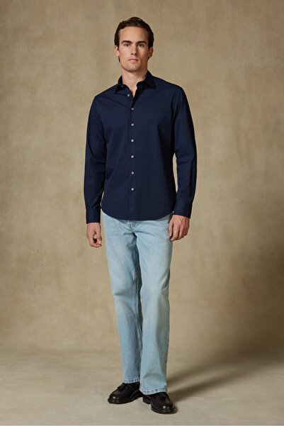 Abbate Piero Gabardin Бавовняна Comfort Fit Синя Класична комір Чоловіча пряма сорочка