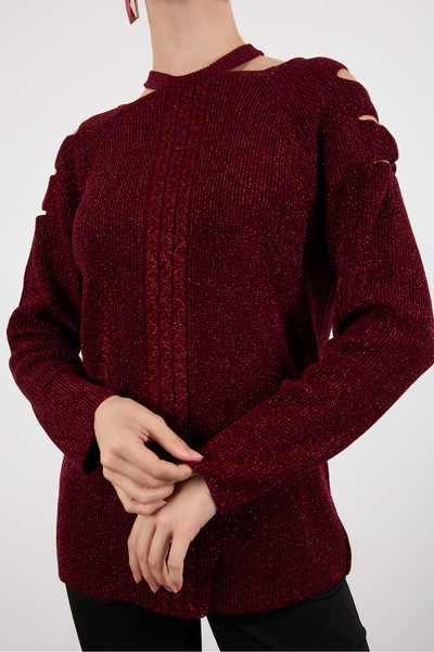 Moda Days Women's Burgundy Cut-Out Detail on the Shoulders Raglan Sleeve Glittery Knitwear Sweater