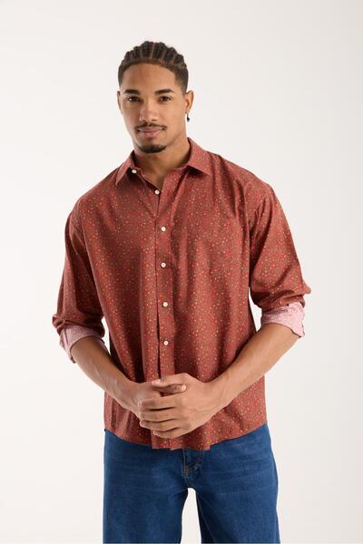 Abbate BB Club Rio Поплин памук Оверсайз кройка Червена класическа яка Мъжка риза с принт