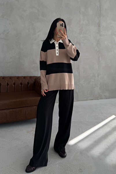 Seda Yalçın Atelier Mink Striped Polo Neck Sweater