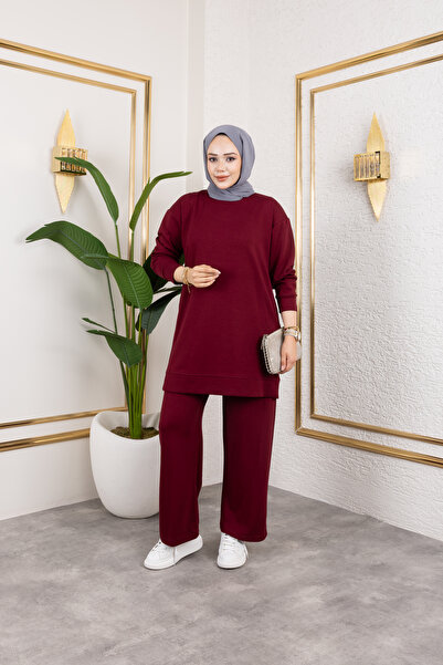 Sfg Life Moda Women's Crew Neck Plain Combed Cotton Double Bottom Top Set