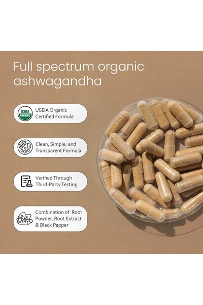 NaturaLife Labs Organic Ashwagandha 2,100 mg - 100 Vegan Capsules (Black Pepper Extract)