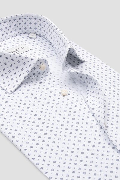 Abbate Bb Club Oscar Poplin Cotton Slim Fit White Classic Collar Men's Printed Shirt