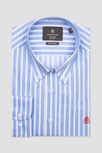Abbate Matteo Twill Бавовняна Comfort Fit Світло-синя сорочка з ґудзиками на комірі Чоловіча сорочка в смужку