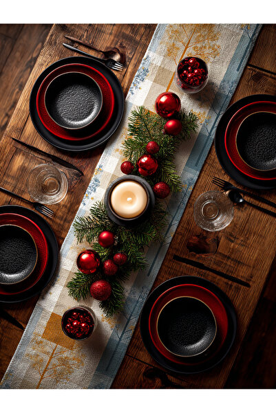 Medi Home Yılbaşı Amber Woods Kareli Ağaç Desenli Runner – Sarı & Mavi Tonlar