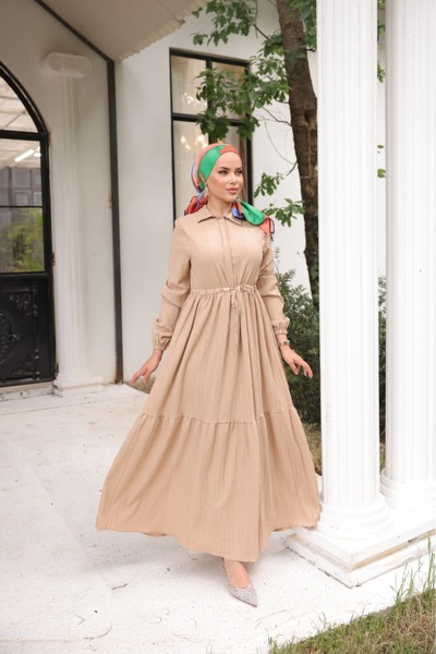 comstar Γυναικείο μακρυμάνικο μπεζ μακρύ φόρεμα με κορδόνια